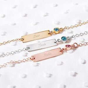 EVE'S ADDICTION Custom Engraved Gold Tone Birthstone Name Bar Bracelet - Birthstone Bracelet - Name Bracelet - Personalized Bracelet for Her - Gift for Mom - Gifts for Mom