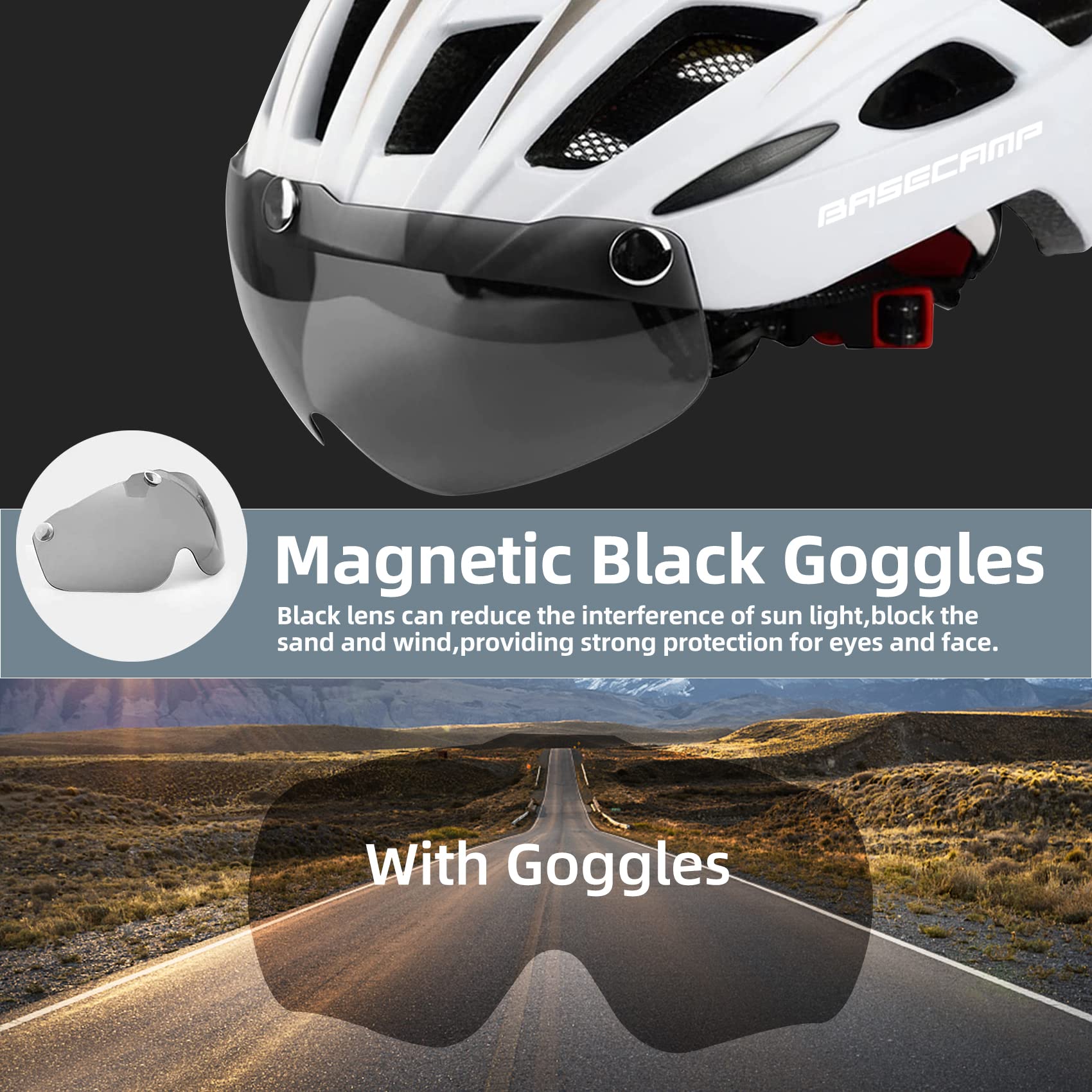 Bike Helmet, Basecamp Bicycle Helmet with Rear Light & Detachable Magnetic Goggles Lightweight Cycling Helmet Adjustable for Adult Men Women Mountain & Road (BC-069)