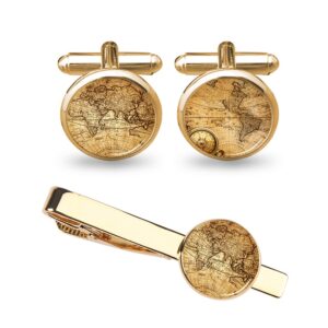 Cufflinks for Men World Map Cuff links Wedding Gifts for Father Grandfather Dad Tie Clip Bar (World map Cufflinks and tie clips gold)