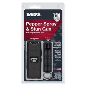 SABRE Self-Defense Kit with Pepper Spray and Stun Gun with Flashlight, 25 Bursts, 10-Foot (3-Meter) Range, Painful µC Charge, 120 Lumens, Rechargeable Battery, Safety Switch