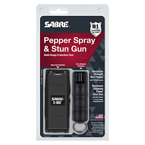 SABRE Self-Defense Kit with Pepper Spray and Stun Gun with Flashlight, 25 Bursts, 10-Foot (3-Meter) Range, Painful µC Charge, 120 Lumens, Rechargeable Battery, Safety Switch