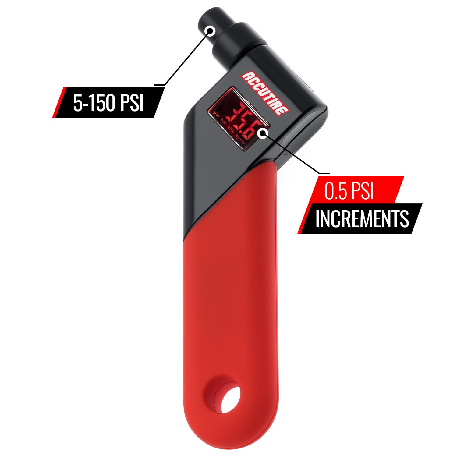 Accutire MS-4021R Digital Tire Pressure Gauge with 4 Valve Caps, 5-150psi (psi, bar, kPa, kg/cm2)