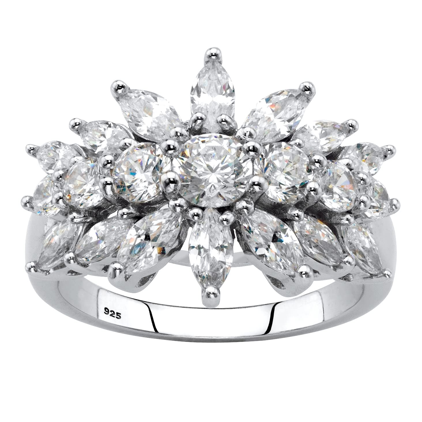 PalmBeach Sterling Silver Round Cubic Zirconia Simulated Starburst Cluster Ring Sizes 6-10 Size 7