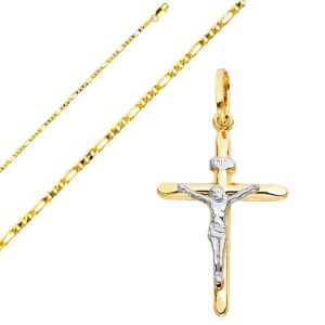 solid 14k gold figaro chain two-tone cross pendant crucifix necklace -choose chain length and width (20.0, figaro chain - 2.3 mm)