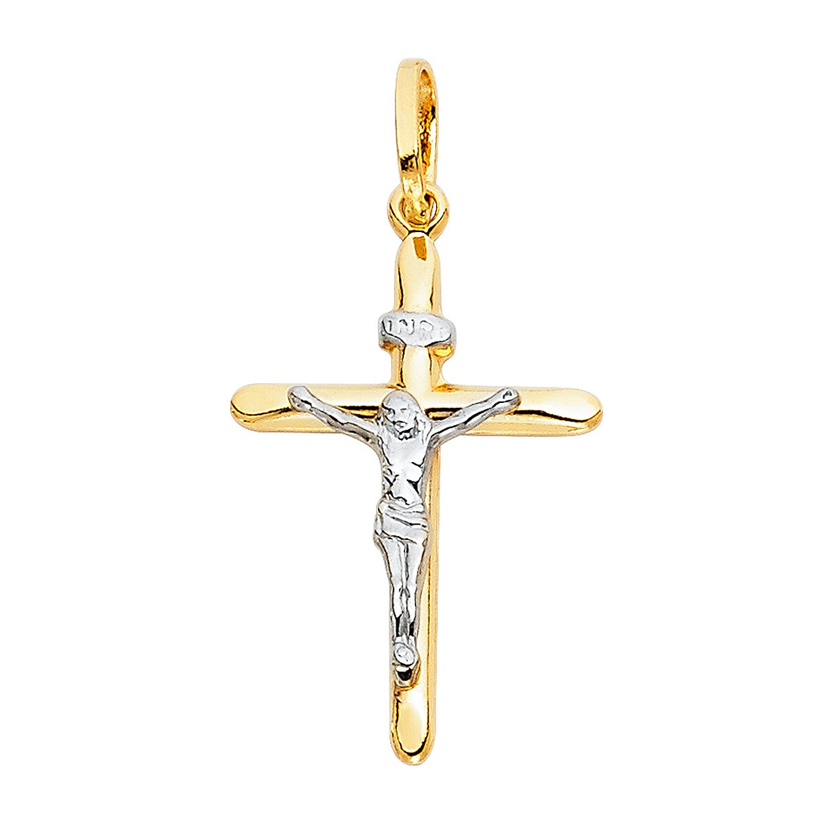 Solid 14K Gold Figaro Chain Two-Tone Cross Pendant Crucifix Necklace -Choose Chain Length and Width (20.0, Figaro Chain - 2.3 mm)