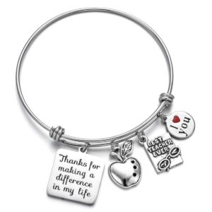 ODLADM Teacher Appreciation Gifts Bracelets- Expandable Bangle Graduation Inspiration Apple Charms Bracelets