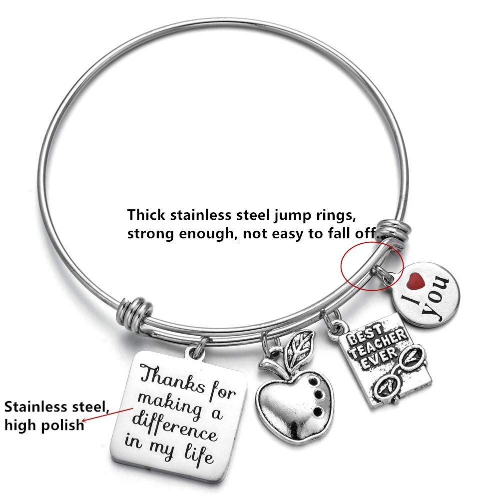 ODLADM Teacher Appreciation Gifts Bracelets- Expandable Bangle Graduation Inspiration Apple Charms Bracelets