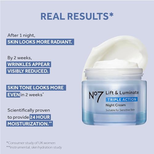 No7 Lift & Luminate Triple Action Night Cream - Anti-Wrinkle, Collagen Peptide Moisturizer with Skin Firming Hyaluronic Acid & Hibiscus - Helps Even Skin Tone for a Radiant Complexion (1.7 Fl Oz)