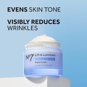 No7 Lift & Luminate Triple Action Night Cream - Anti-Wrinkle, Collagen Peptide Moisturizer with Skin Firming Hyaluronic Acid & Hibiscus - Helps Even Skin Tone for a Radiant Complexion (1.7 Fl Oz)