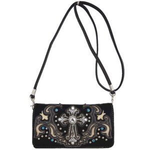 Western Style Rhinestone Cross Tote Concealed Carry Purse Laser Cut Handbag Women Shoulder Bag Wallet Set (Black/Gray Set)