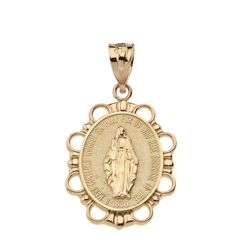 Religious Jewelry Solid 10k Yellow Gold Miraculous Medal Of Blessed Virgin Mary Pendant (Large)