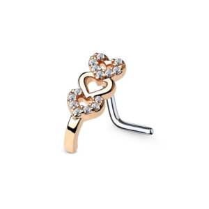 covet jewelry cz paved triple heart nose crawlers 316l surgical steel l bend nose stud rings (20ga, length: 6mm, rose gold/clear)