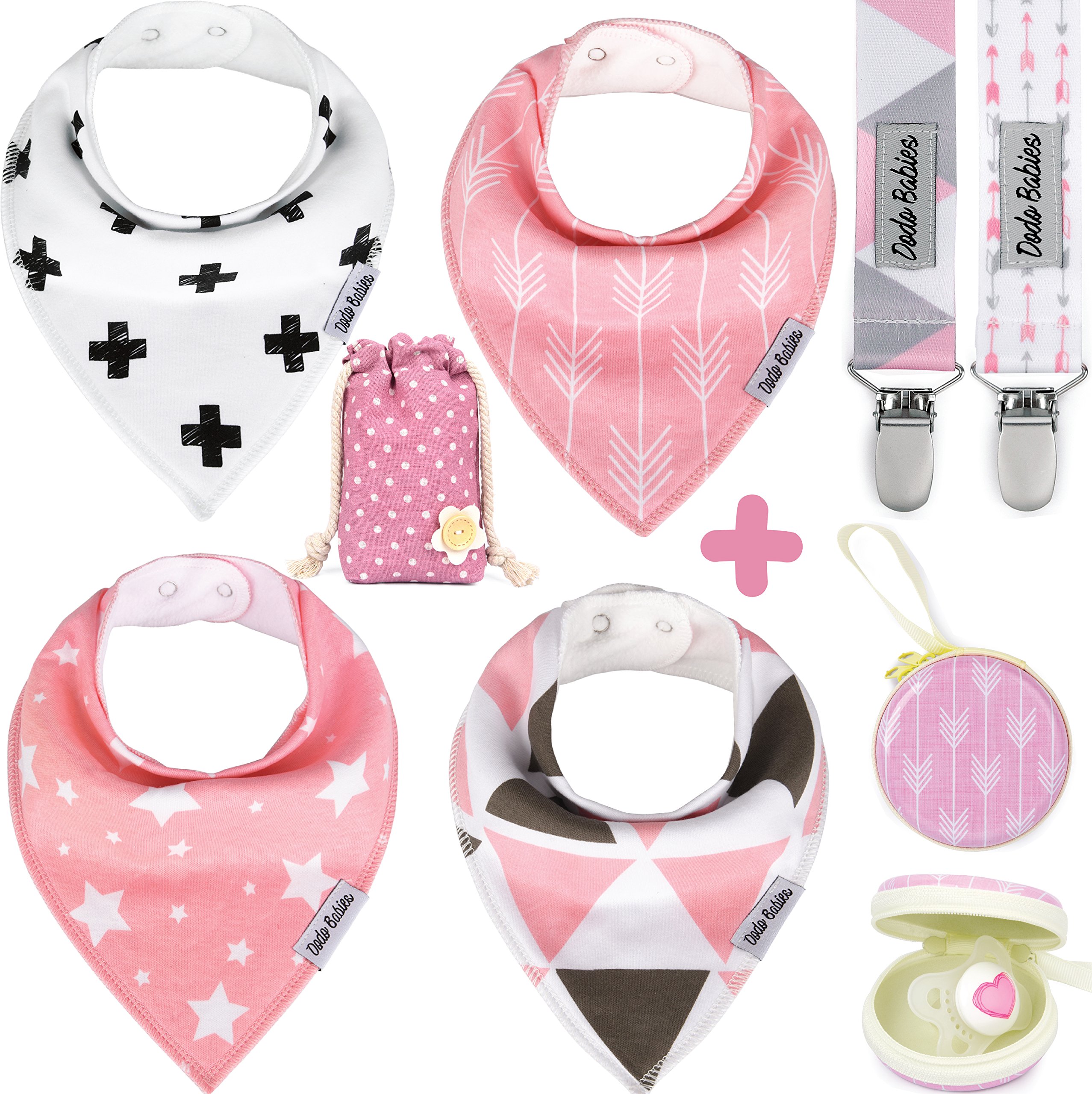 Dodo Babies Baby Bandana Drool Bibs For Girls + 2 Pacifier Clips + Pacifier Case in a Gift Bag, Pack of 4 Premium Quality, Excellent Baby Shower/Registry Gift