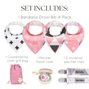 Dodo Babies Baby Bandana Drool Bibs For Girls + 2 Pacifier Clips + Pacifier Case in a Gift Bag, Pack of 4 Premium Quality, Excellent Baby Shower/Registry Gift