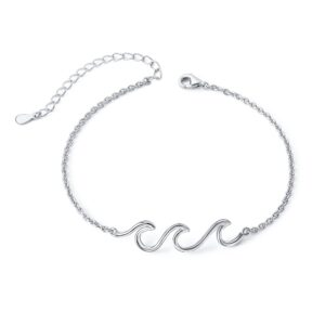 S925 Sterling Silver Wave Ocean Beach Sea Adjustable Anklet Ankle Bracelet for Women