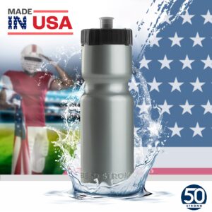 50 Strong Sports Water Bottle | Reusable Squeeze Water Bottles | 22 oz. BPA-Free Plastic Bottles with Pull Top Cap | Made in USA | Top Rack Dishwasher Safe | Fits Most Bike Cages (6 Pack, Silver)