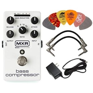 mxr m87 bass compressor effects pedal bundle with ac/dc adapter power supply for 9 volt dc 1000ma, 2 metal-ended guitar patch cables and 6 assorted dunlop guitar picks