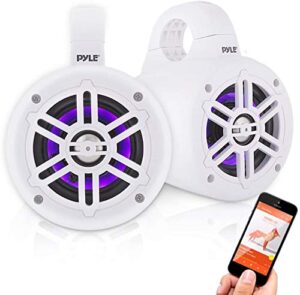 pyle waterproof marine wakeboard tower speakers - 4in dual subwoofer speaker set w/led lights & bluetooth for wireless music streaming - boat audio system w/mounting clamps plmrlewb47wb (white)