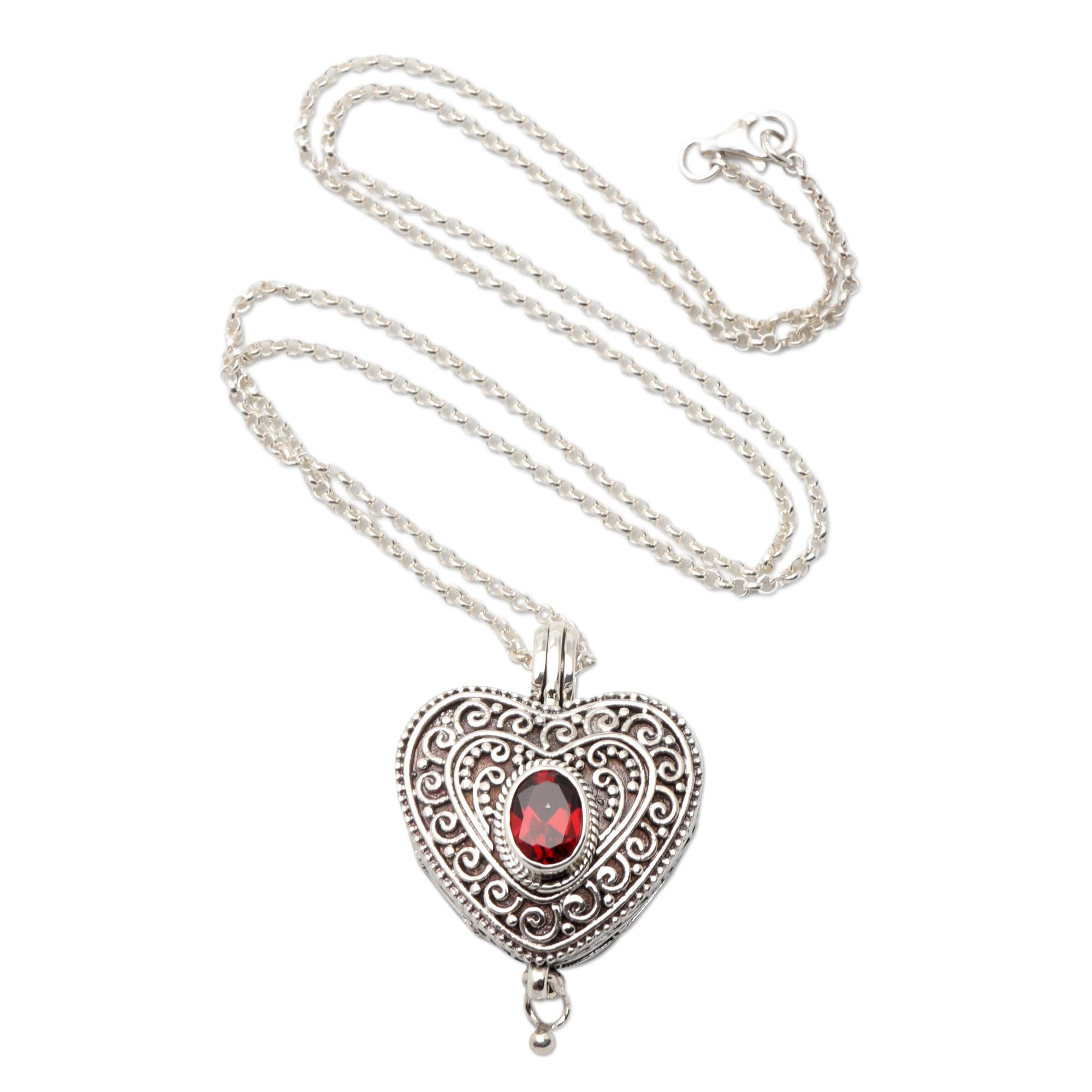 NOVICA Artisan Handmade Garnet Locket Necklace .925 Sterling Silver Heart Shaped Red Pendant Indonesia Romantic Birthstone Balinese 'Always in my Heart'