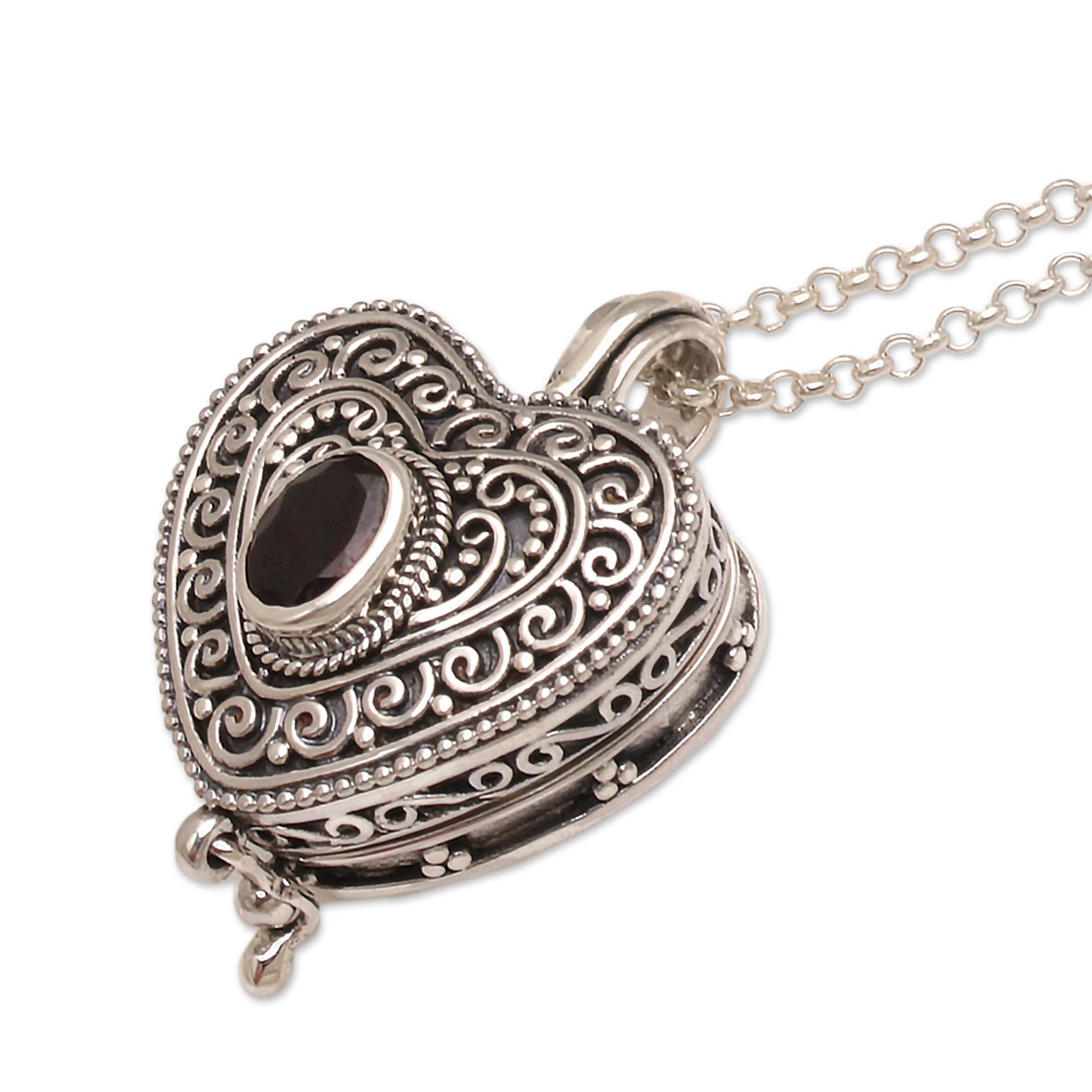 NOVICA Artisan Handmade Garnet Locket Necklace .925 Sterling Silver Heart Shaped Red Pendant Indonesia Romantic Birthstone Balinese 'Always in my Heart'