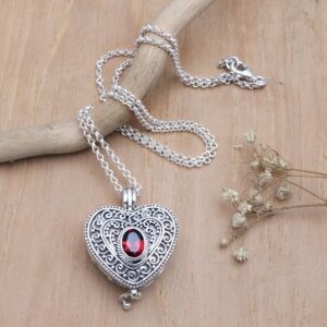 NOVICA Artisan Handmade Garnet Locket Necklace .925 Sterling Silver Heart Shaped Red Pendant Indonesia Romantic Birthstone Balinese 'Always in my Heart'