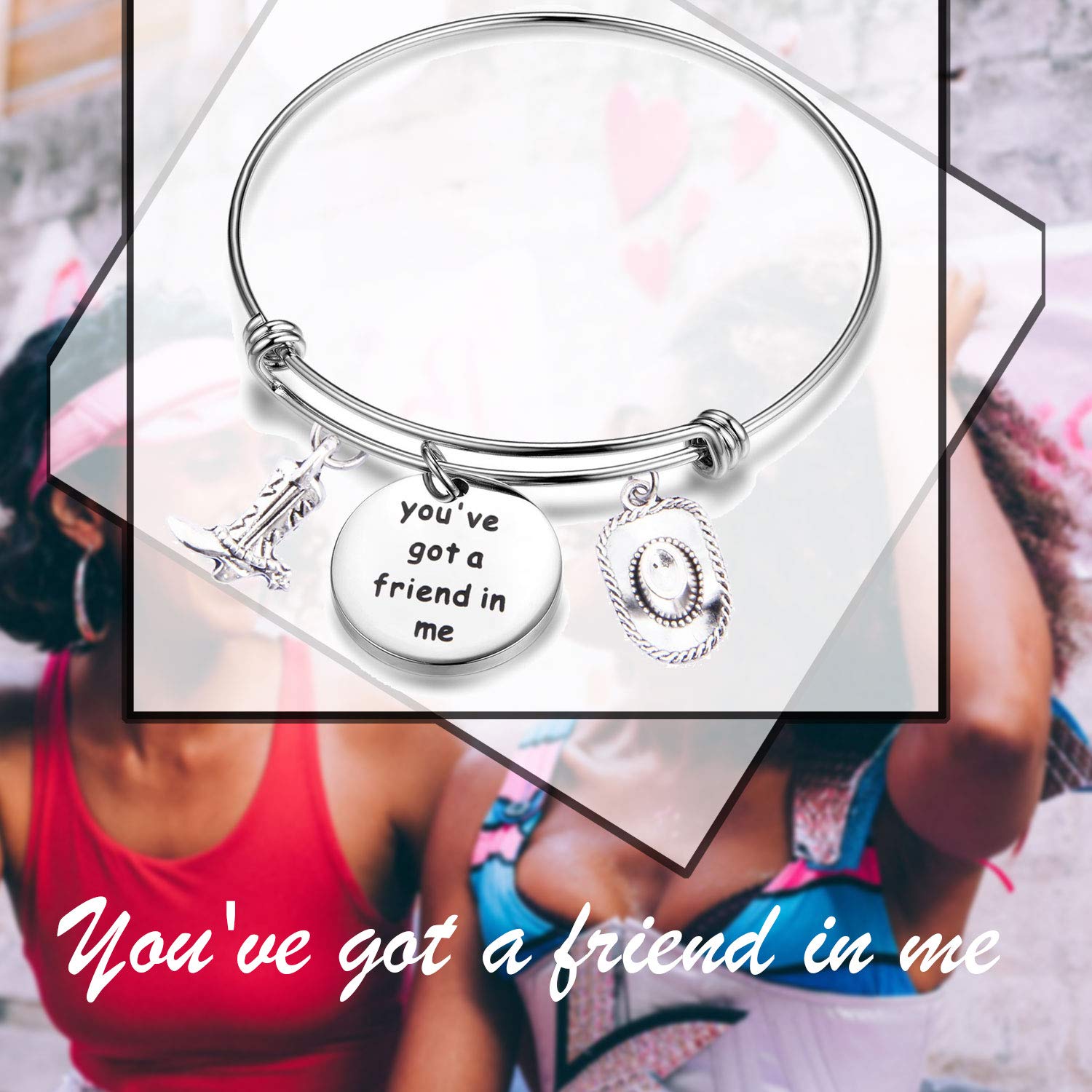 Lywjyb Birdgot Best Friend Bracelet Gift You've got a friend in me Engraved Charm with Boot and Cowboy Hat Gift for Her (Silver)