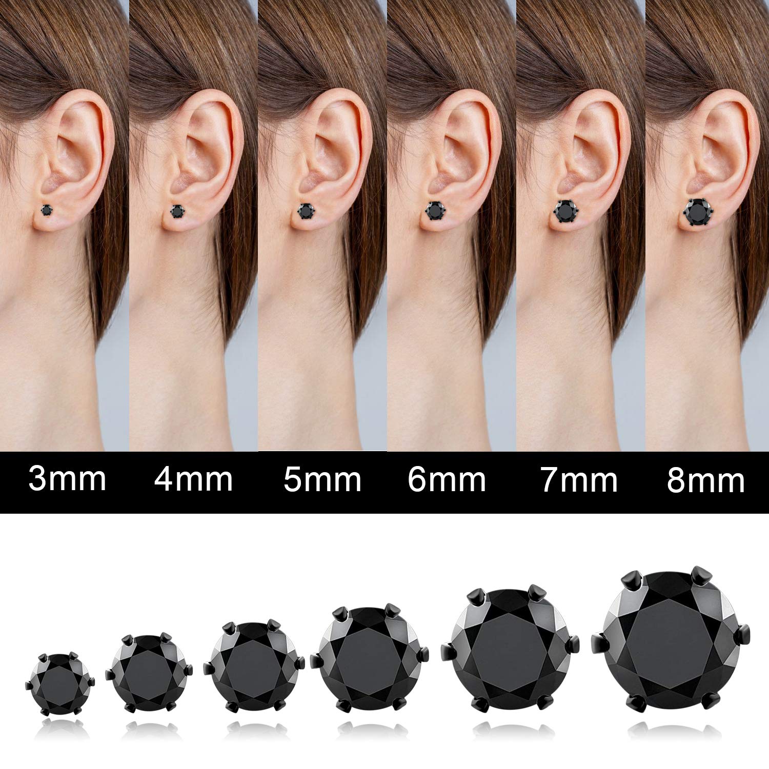 Long Way Stainless Steel Stud Earrings set Cubic Zirconia Inlaid,3mm-8mm 6Paris