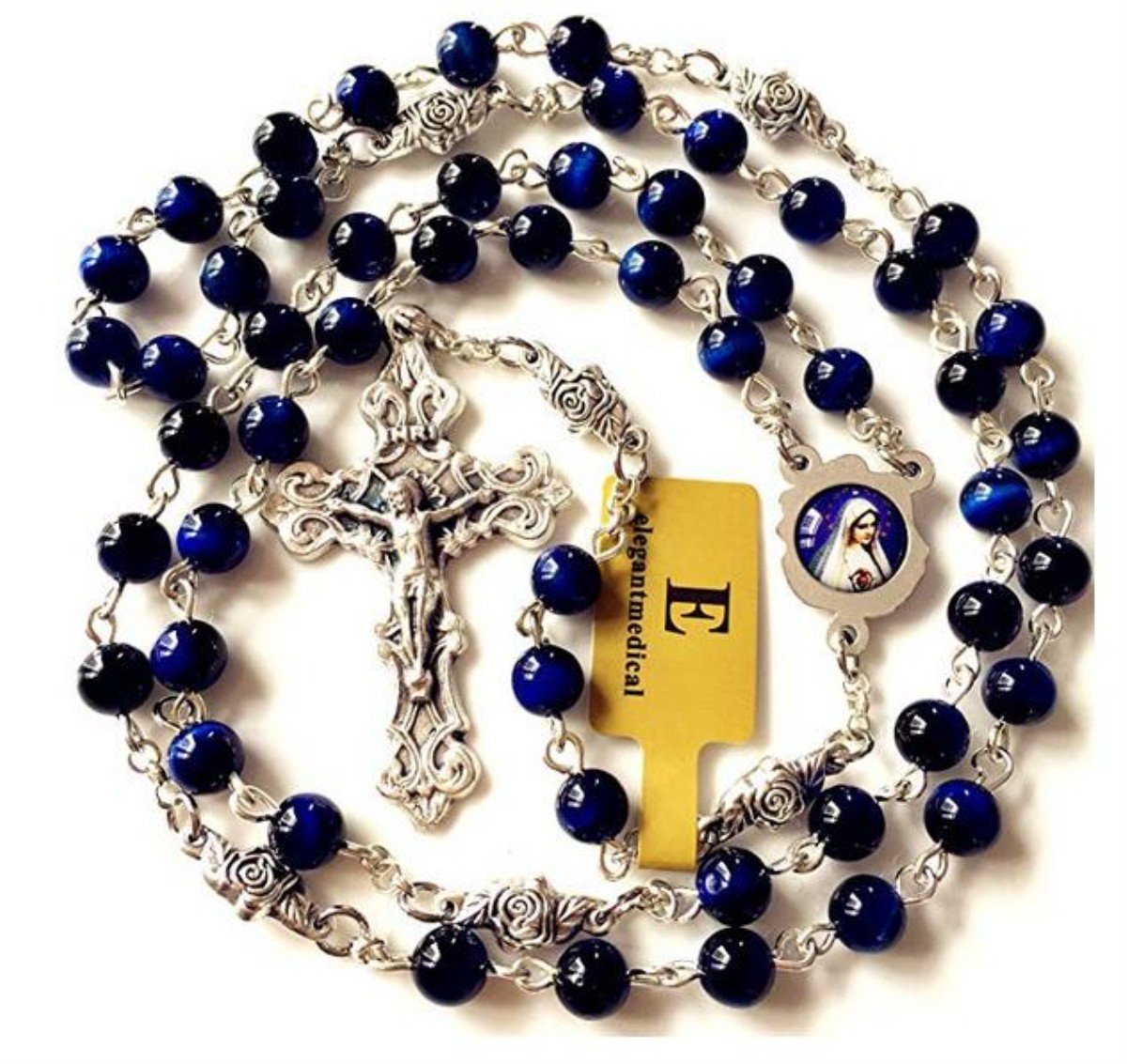 elegantmedical HANDMADE Blue Tiger Eye Beads & Silver Rose Beads ROSARY CROSS Crucifix Necklace box