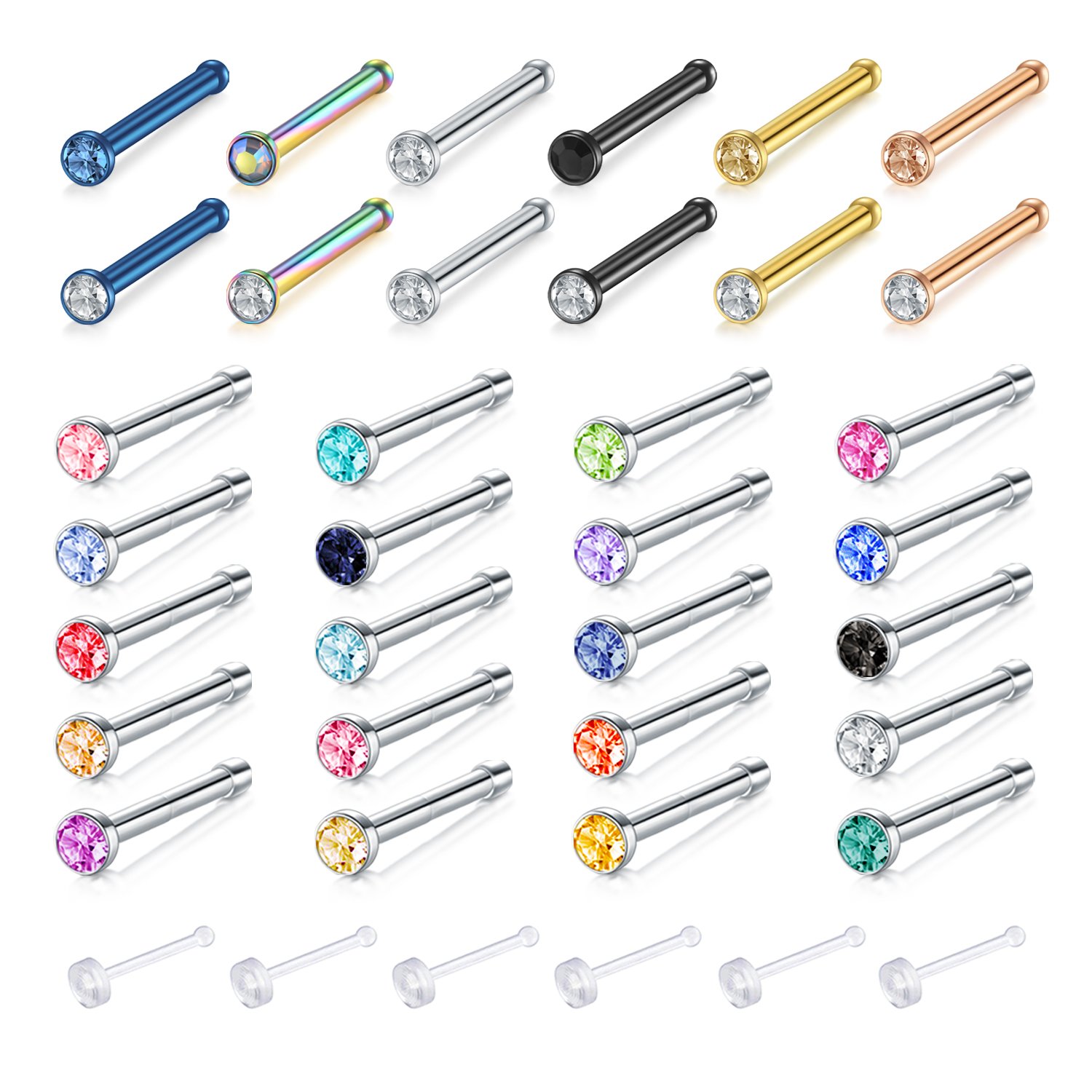 Zolure 18G Nose Studs Surgical Steel Silver 2MM Diamond Nose Pin Bone Studs for Women Nose Nostril Piercing Jewelry Mix Color