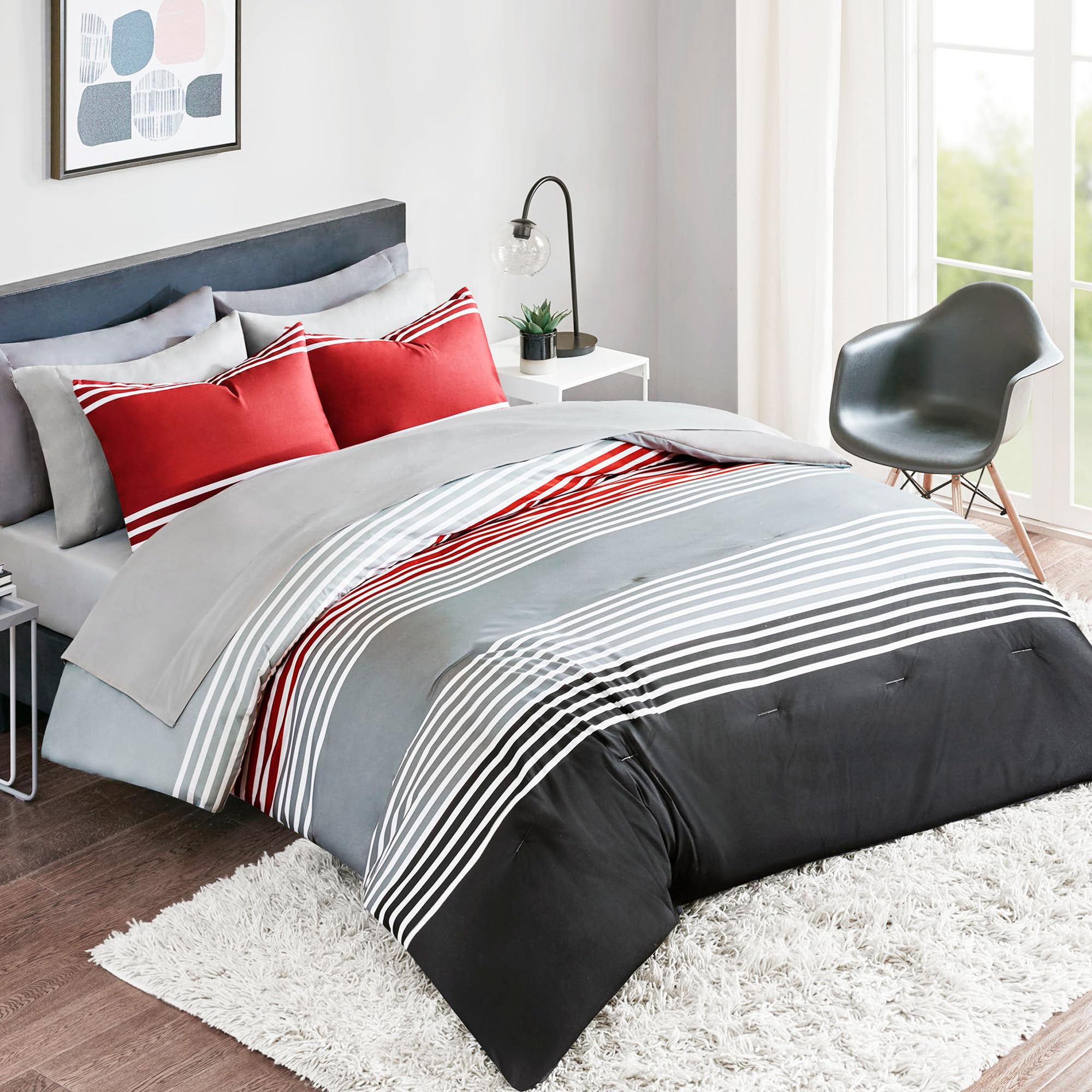 Comfort Spaces Queen Comforter Sets with Sheets - Bed in a Bag 9 Pieces Teen Bedding Sets Queen, Red and Grey Stripes Bedding Queen, College Queen Bed Set with 2 Side Pockets Bedroom Organizer