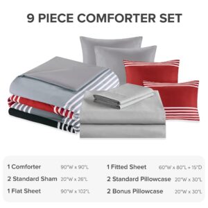 Comfort Spaces Queen Comforter Sets with Sheets - Bed in a Bag 9 Pieces Teen Bedding Sets Queen, Red and Grey Stripes Bedding Queen, College Queen Bed Set with 2 Side Pockets Bedroom Organizer