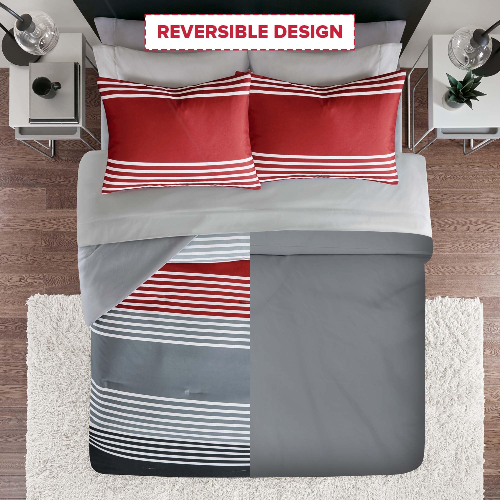 Comfort Spaces Queen Comforter Sets with Sheets - Bed in a Bag 9 Pieces Teen Bedding Sets Queen, Red and Grey Stripes Bedding Queen, College Queen Bed Set with 2 Side Pockets Bedroom Organizer