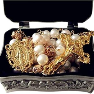 White Real Pearl Rose Gold Beads Catholic Rosary Cross Necklace Supper Box