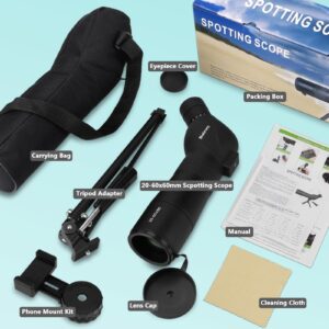 HUICOCY Spotting Scopes, 39-19m/1000m Spotting Scopes with Tripod, FMC Lens, BAK4 45 Degree Angled Eyepiece, Fogproof Scope with Phone Adapter, Carry Bag, Bird Watching Wildlife Scenery (20-60x60mm)