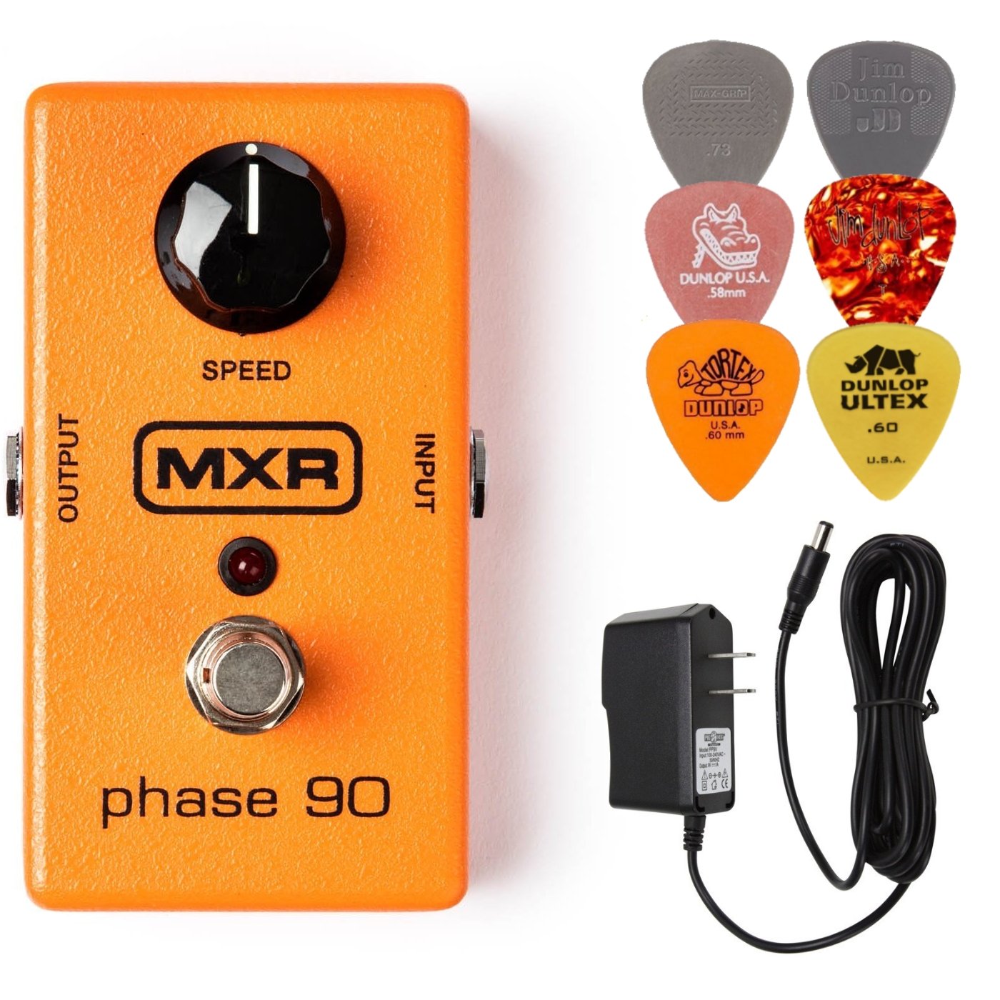 MXR M101 Phase 90 Effects Pedal BUNDLE with AC/DC Adapter Power Supply for 9 Volt DC 1000mA and 6 Assorted Dunlop Guitar Picks