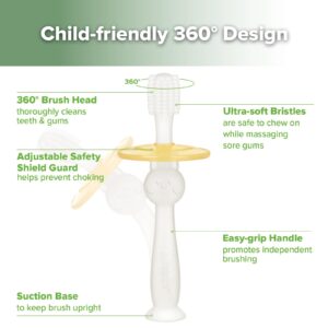 haakaa 360° Baby Toothbrush with Suction Base - Gentle Cleaning for Infant Self-Brushing Training, Food-Grade Silicone, Adjustable Safety Shield - Translucent (1 Piece)