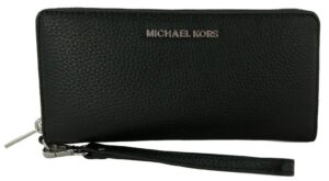 michael kors jet set travel continental zip around leather wallet wristlet (black with silver hardware)