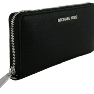 Michael Kors Jet Set Travel Continental Zip Around Leather Wallet Wristlet (Black with Silver Hardware)