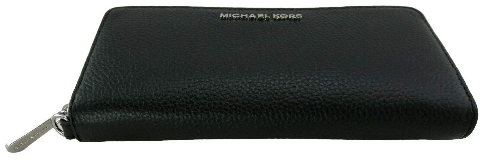 Michael Kors Jet Set Travel Continental Zip Around Leather Wallet Wristlet (Black with Silver Hardware)