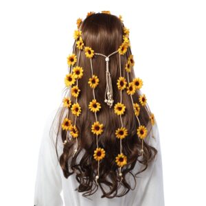 awaytr flower hippie headband floral crown behemain sunflowers beads adjust flower headdress hair accessories (yellow)