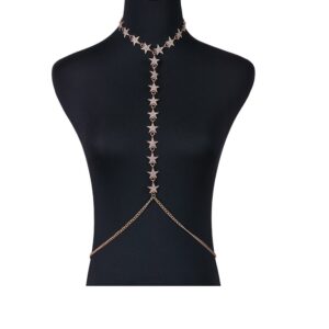 Elegant Luxury Harness Summer Bikini Body Chain Necklace Simple Star Choker Bralette Belly Waist Chain Jewelry Gold for Women Party Beach Accessories