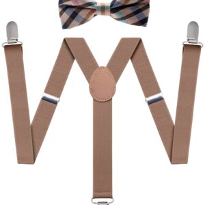 Man of Men Bowtie & Suspender Set - Beige Checkered Bowtie & Beige Suspenders - Boys Suspenders and Bow Tie Set