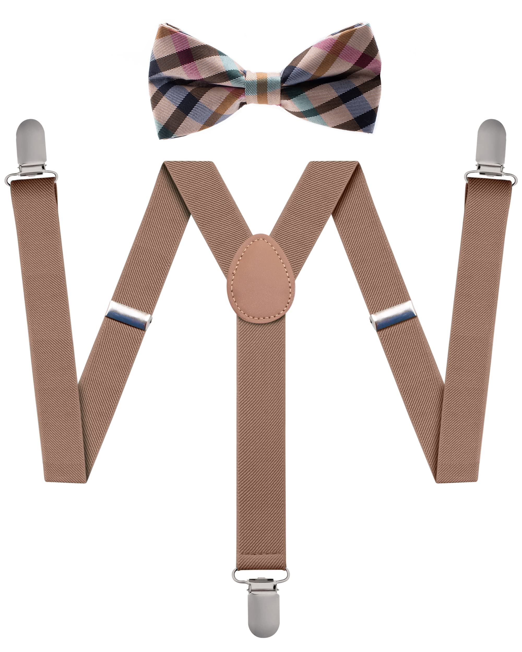 Man of Men Bowtie & Suspender Set - Beige Checkered Bowtie & Beige Suspenders - Boys Suspenders and Bow Tie Set