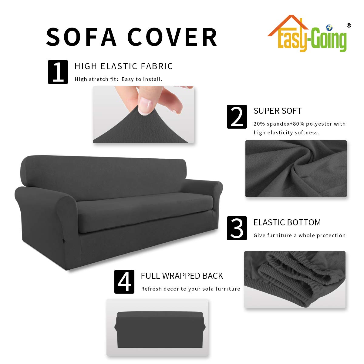 Easy-Going 2 Pieces Microfiber Stretch Sofa Slipcover – Spandex Soft Fitted Sofa Couch Cover, Washable Furniture Protector with Elastic Bottom Kids,Pet （Sofa, Dark Gray）