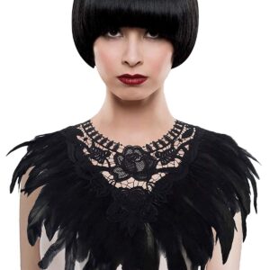 L'VOW Real Black Feather Harness Lace Collar Necklace Bib Halloween (Black)