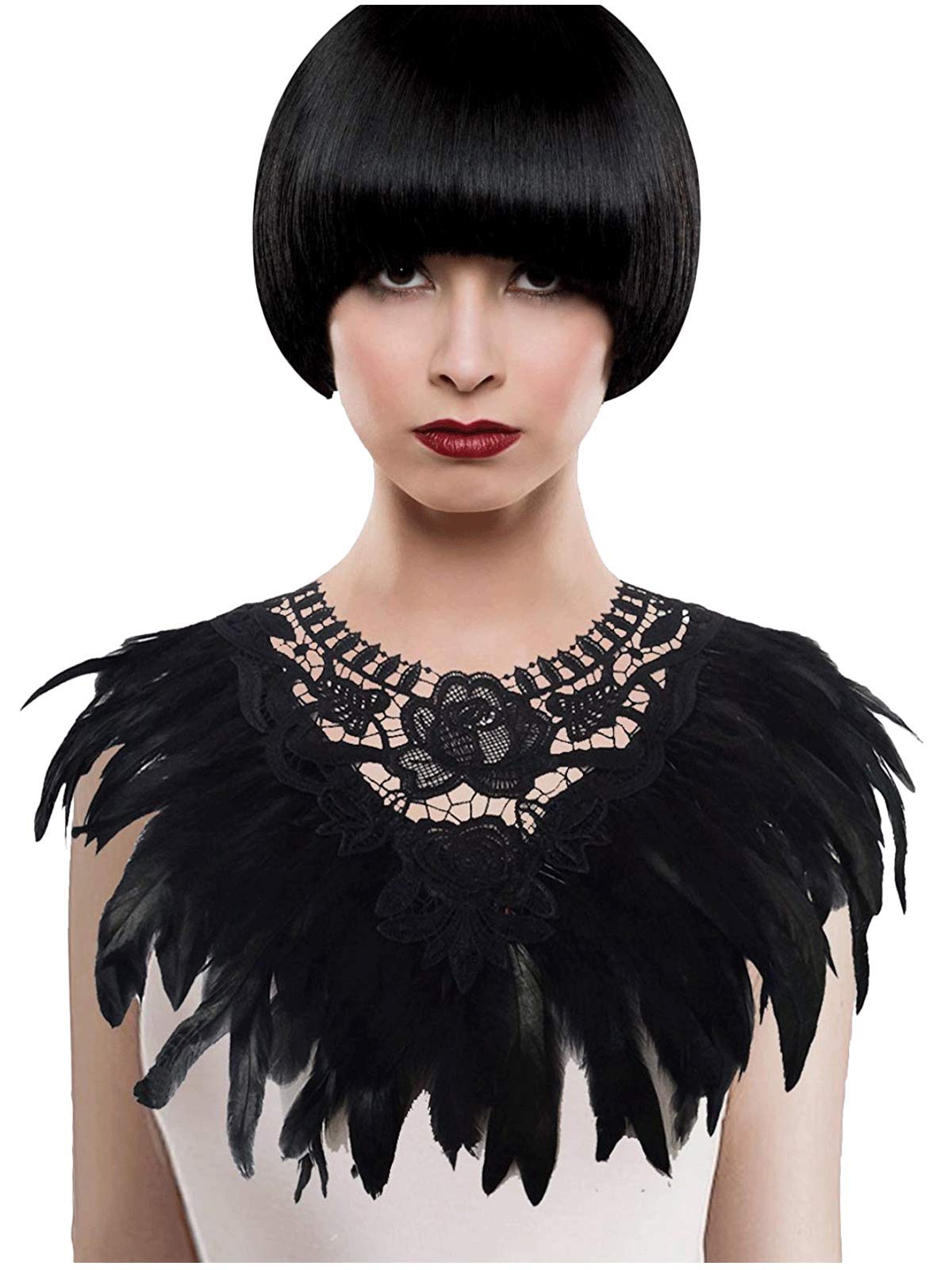 L'VOW Real Black Feather Harness Lace Collar Necklace Bib Halloween (Black)