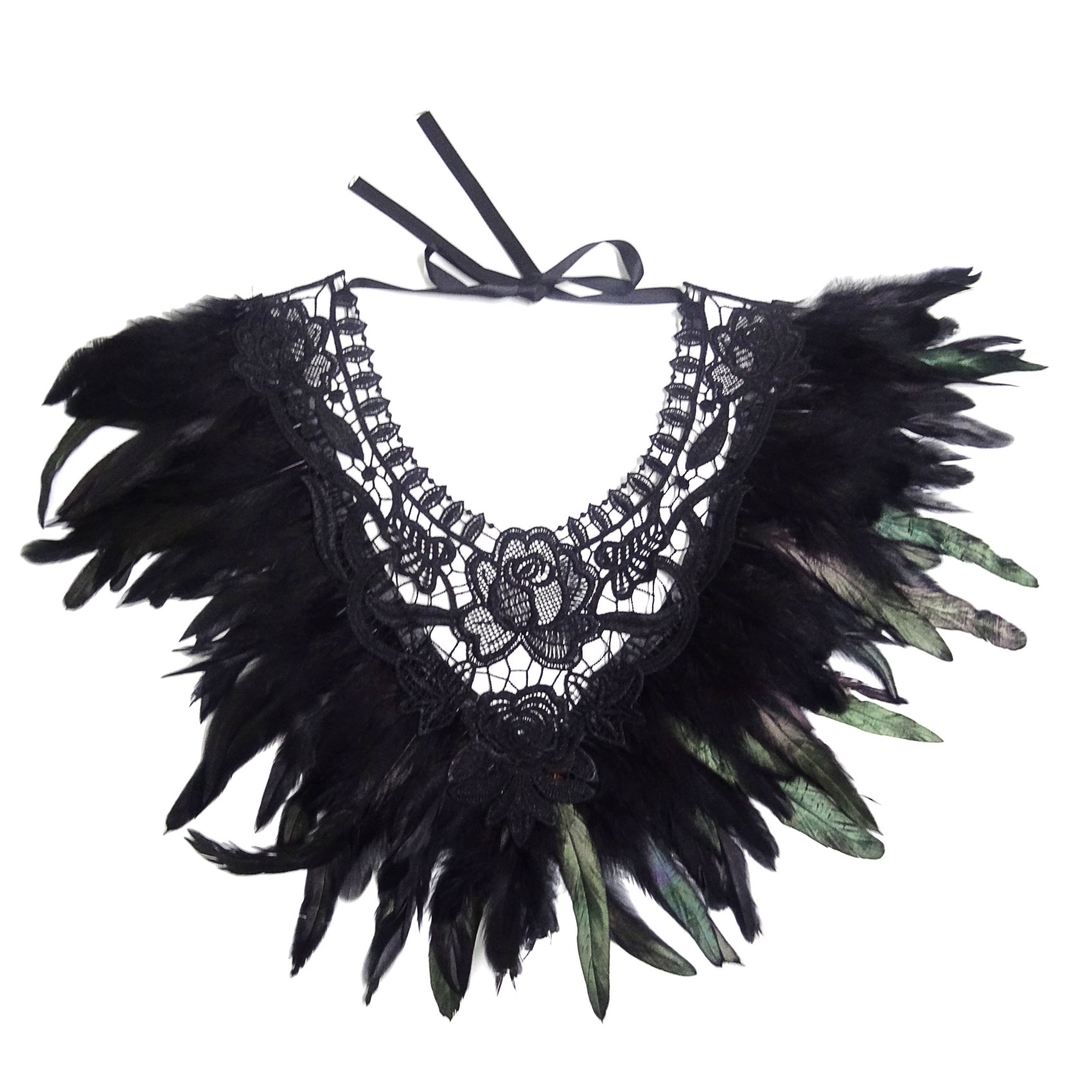 L'VOW Real Black Feather Harness Lace Collar Necklace Bib Halloween (Black)