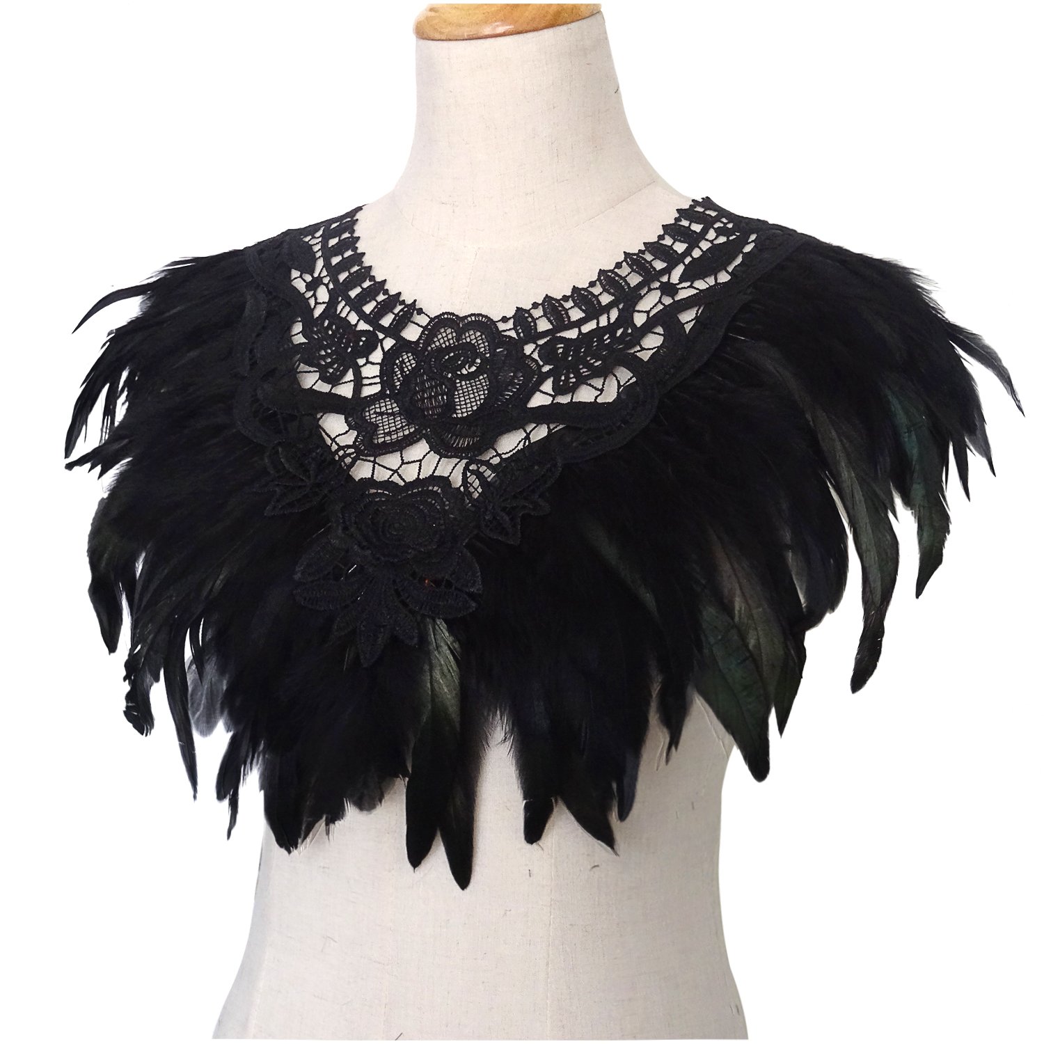 L'VOW Real Black Feather Harness Lace Collar Necklace Bib Halloween (Black)