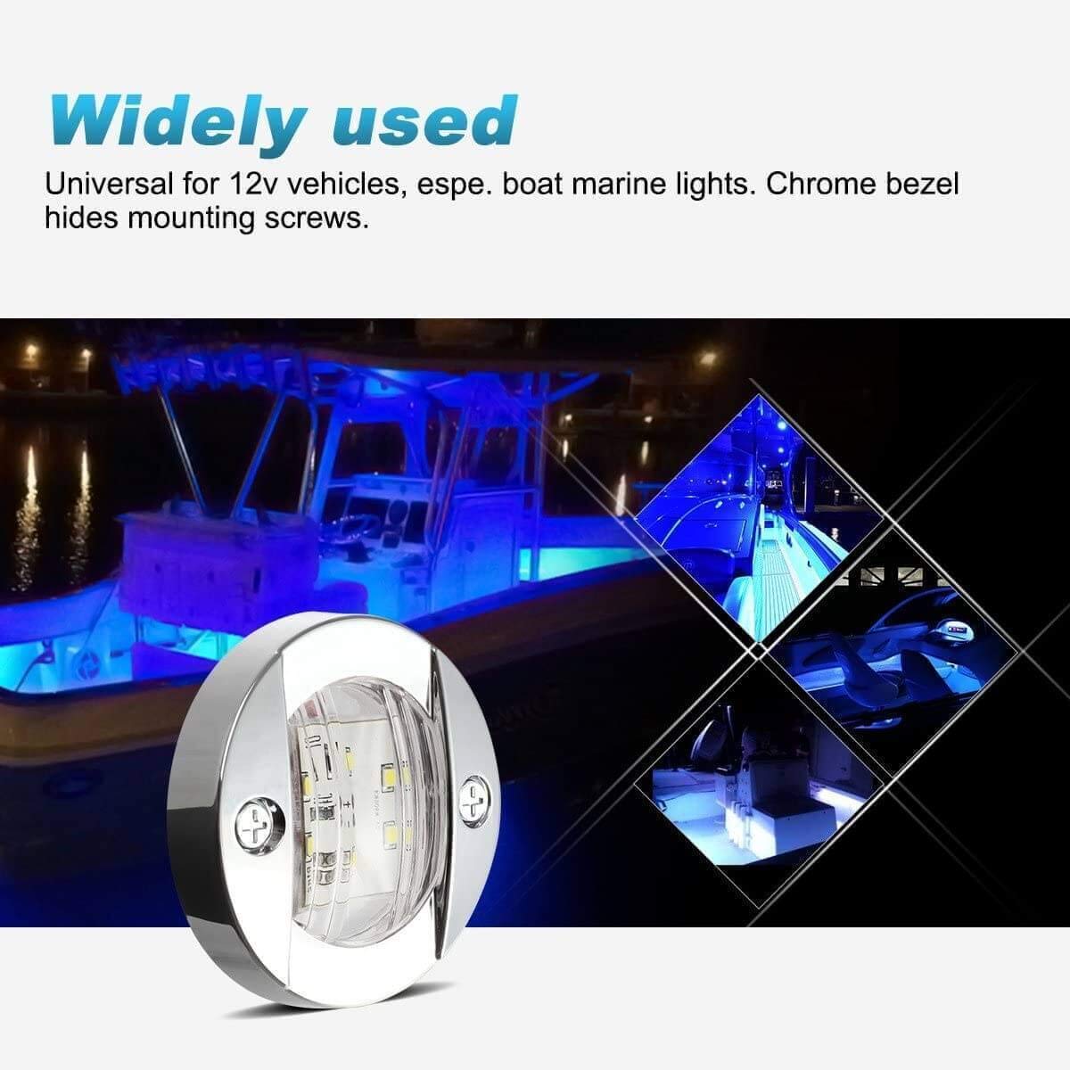 Partsam 4Pcs 3" Inch Round Chrome Marine Boat Lights Blue LED Transom Mount Stern Anchor Navigation Lights IP67 Waterproof, Boat LED Stern Lights, Night Fishing Lights,Deck Lights, 12V, Surface Mount