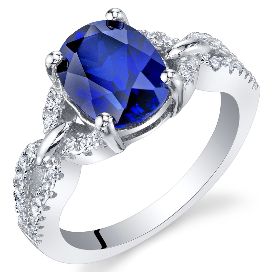 PEORA Created Blue Sapphire Forever Ring for Women 925 Sterling Silver, 2.50 Carats Oval Shape 9x7mm, Size 9